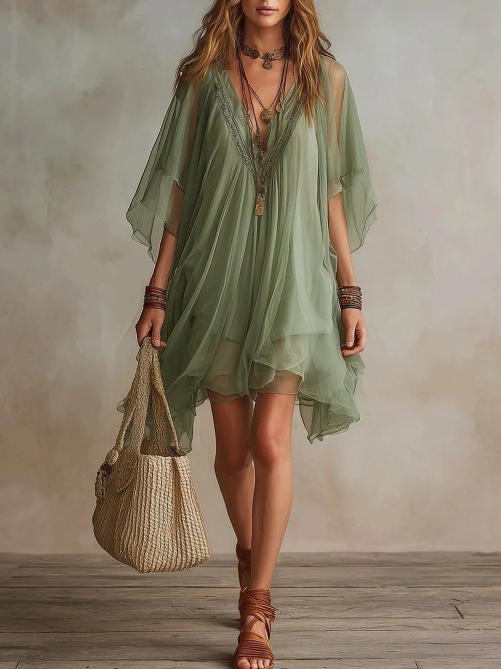 Chiffon V-Neck Flowy Mini Dress